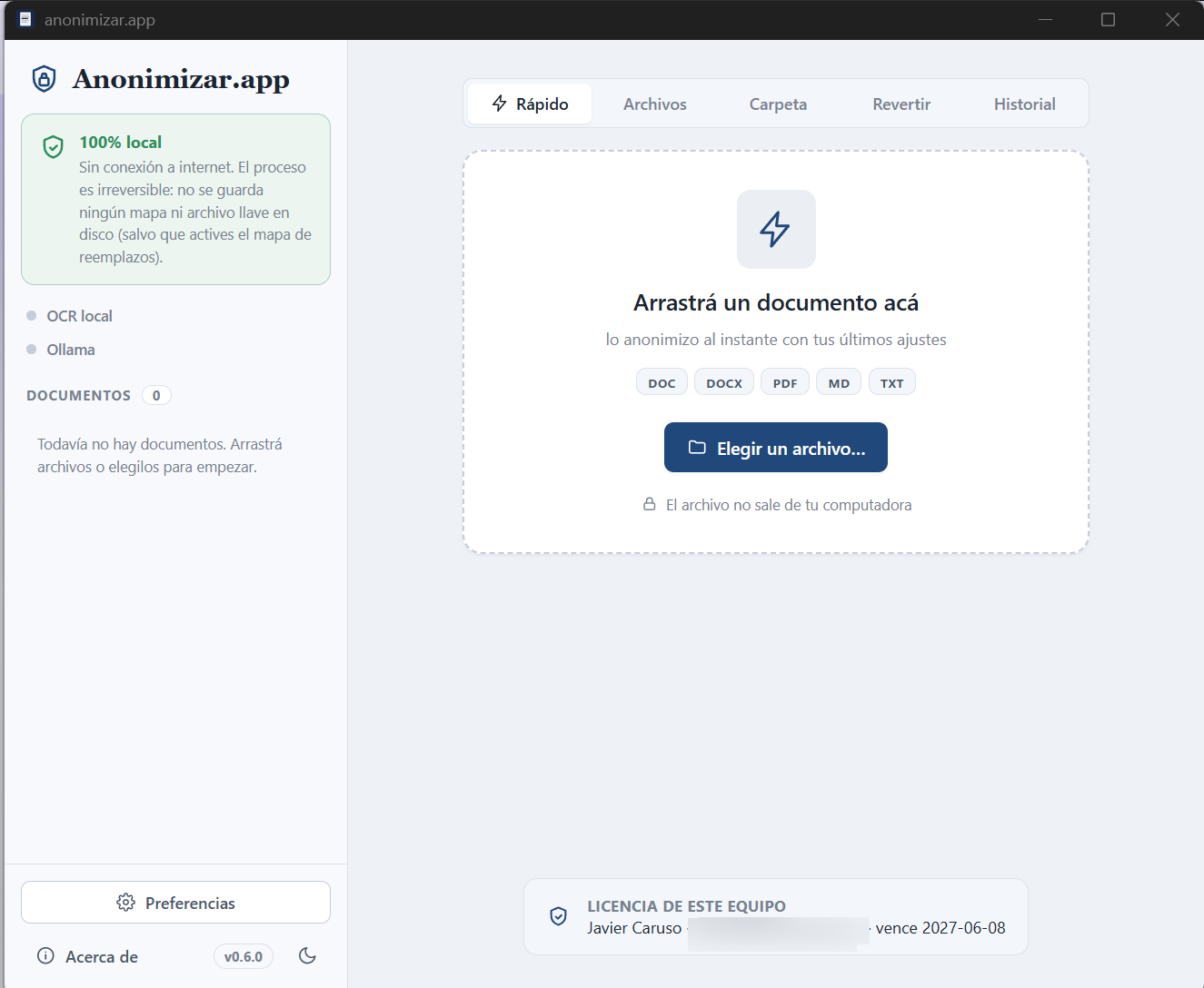 La app Anonimizar en modo rápido: se arrastra un documento y se anonimiza al instante, 100% local