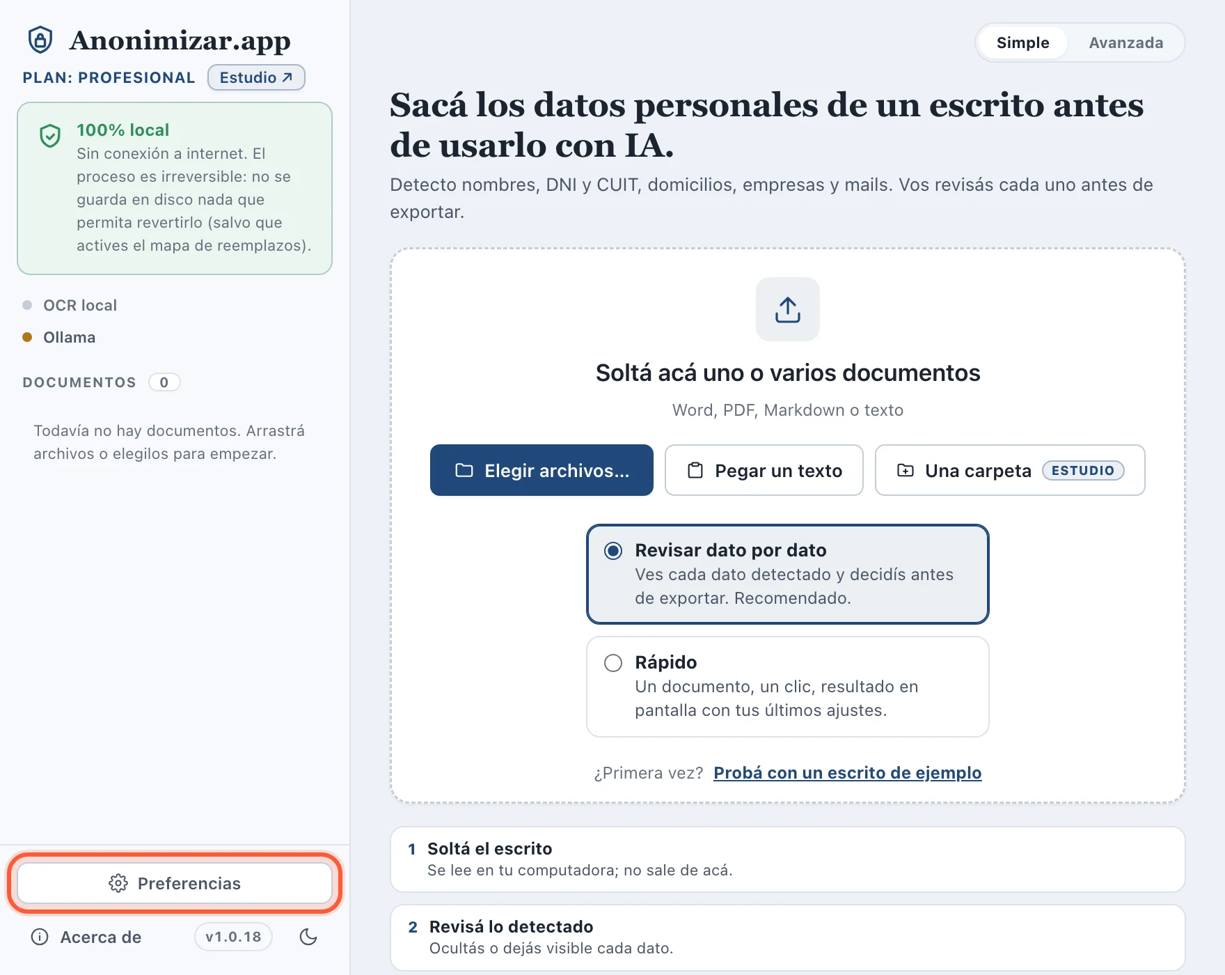 Pantalla de inicio de Anonimizar con el botón Preferencias marcado