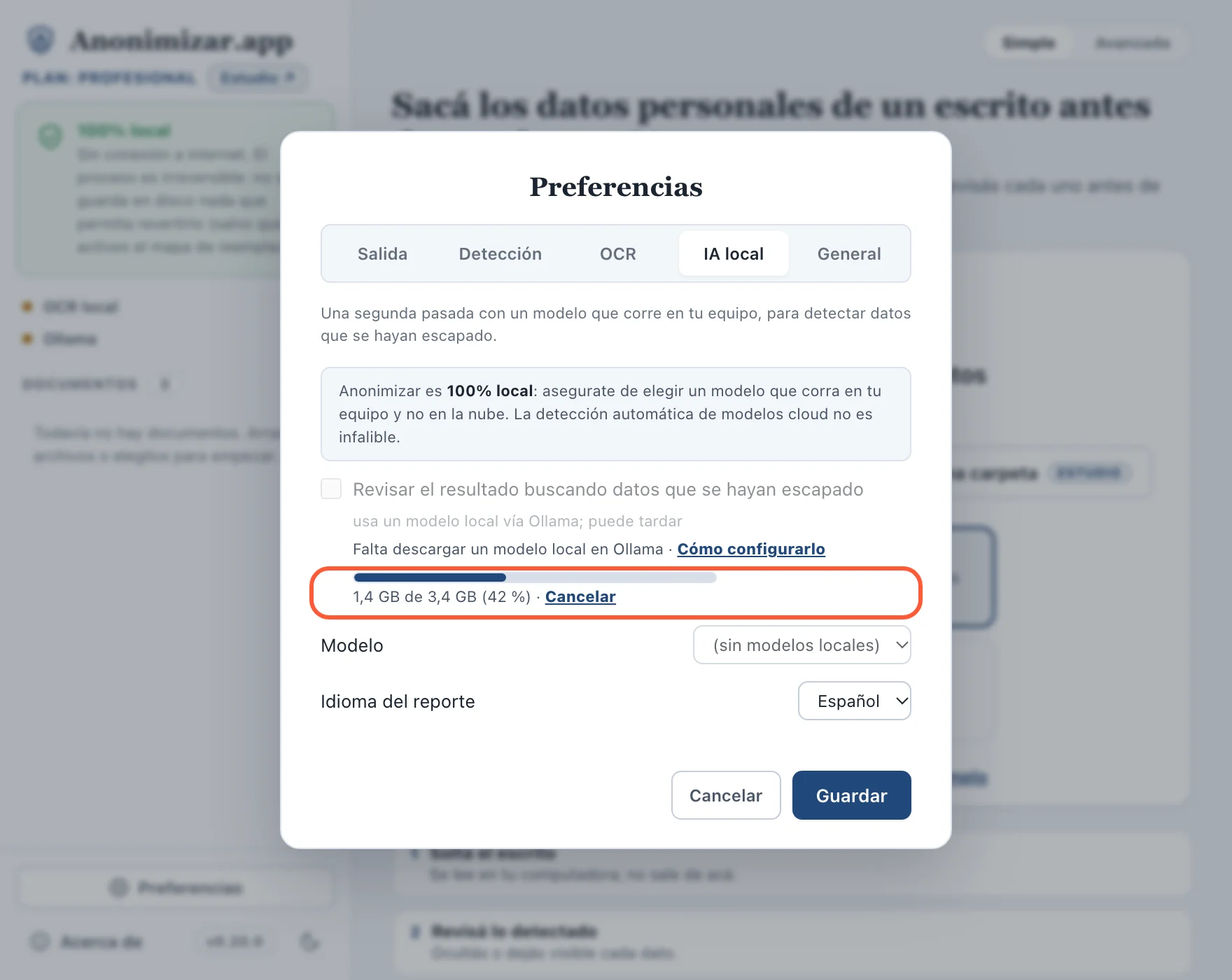 Barra de progreso de la descarga del modelo con el botón Cancelar