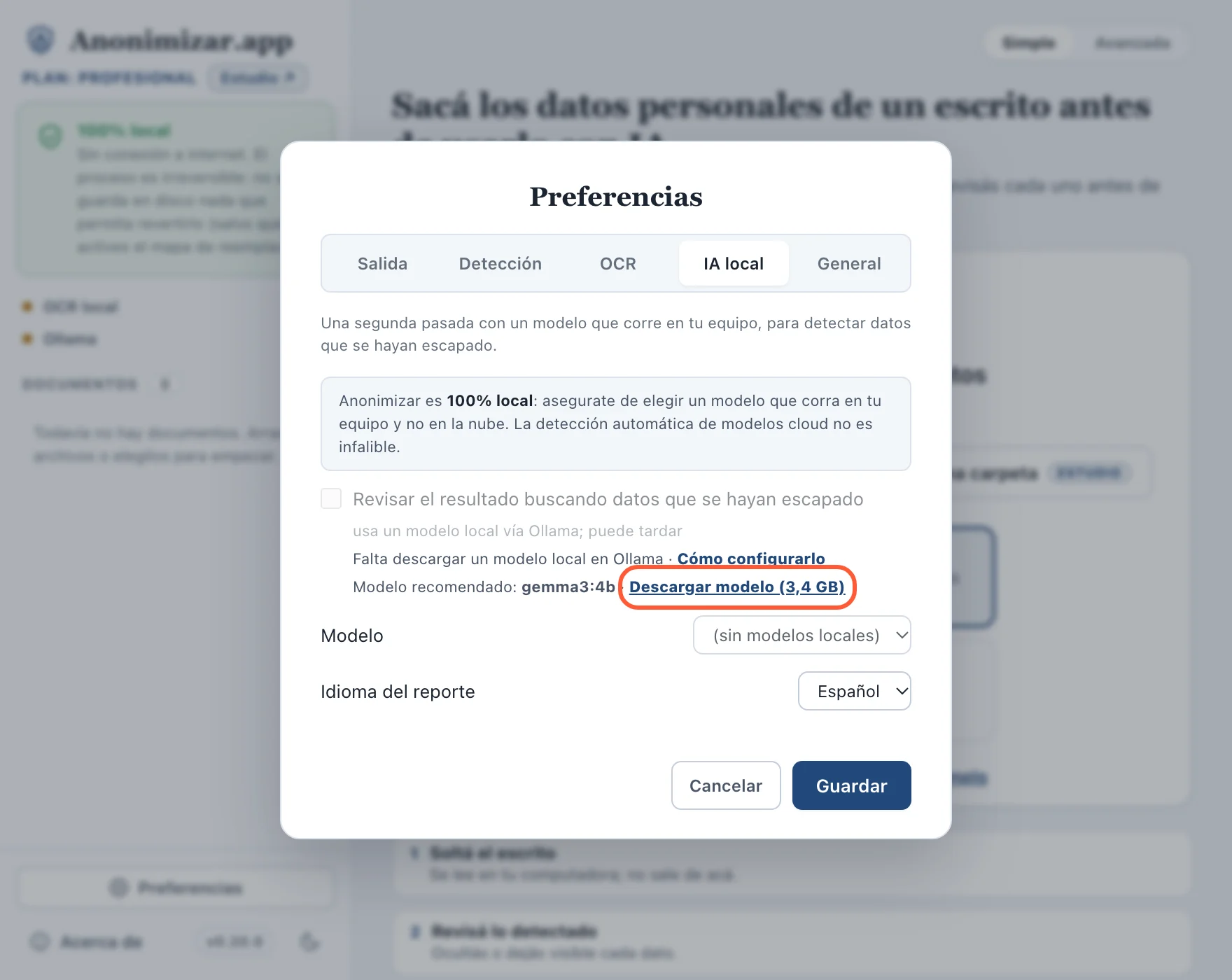 Preferencias, pestaña IA local, con el botón Descargar modelo (3,4 GB) marcado