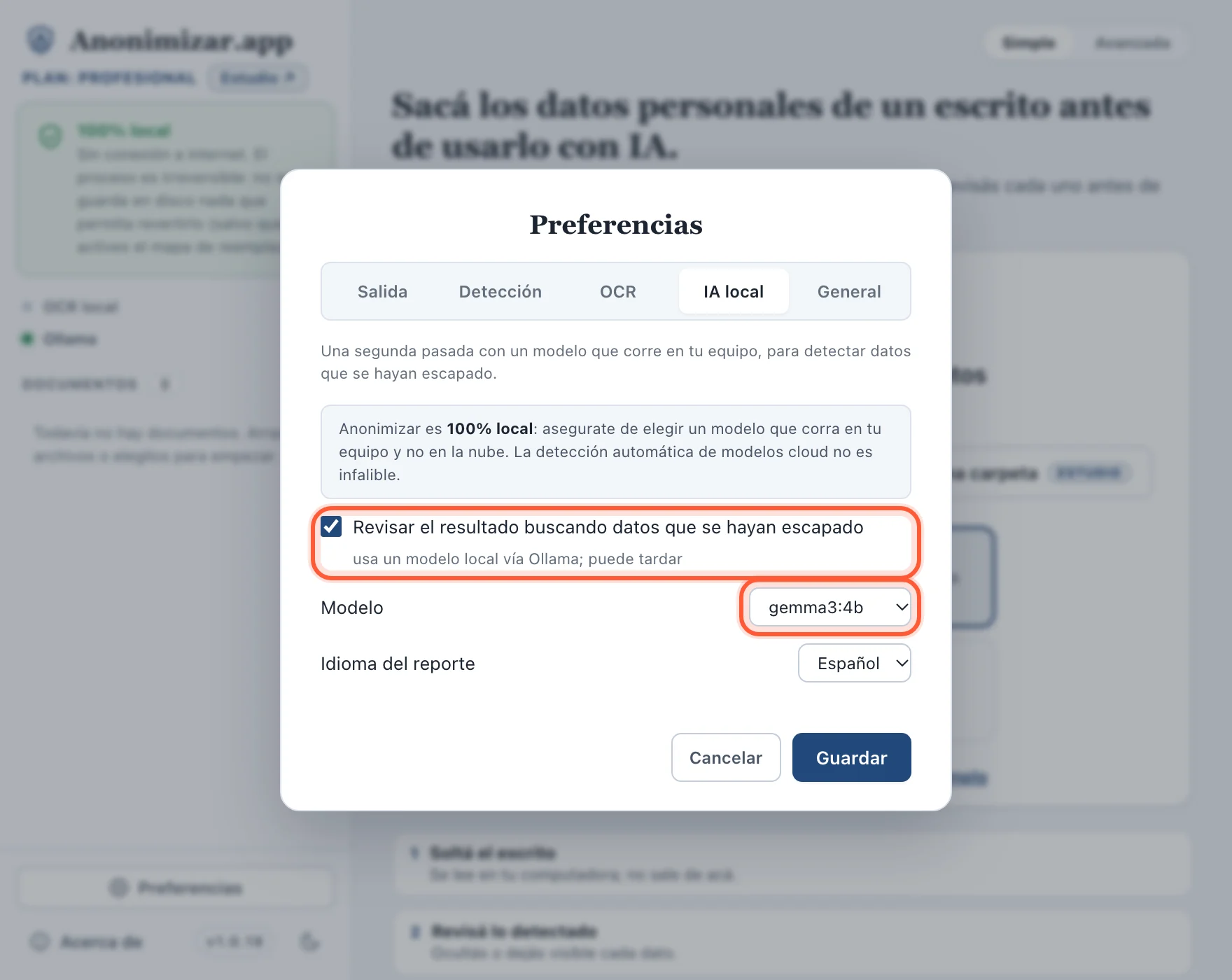 Preferencias, pestaña IA local, con la revisión activada y el modelo gemma3:4b elegido