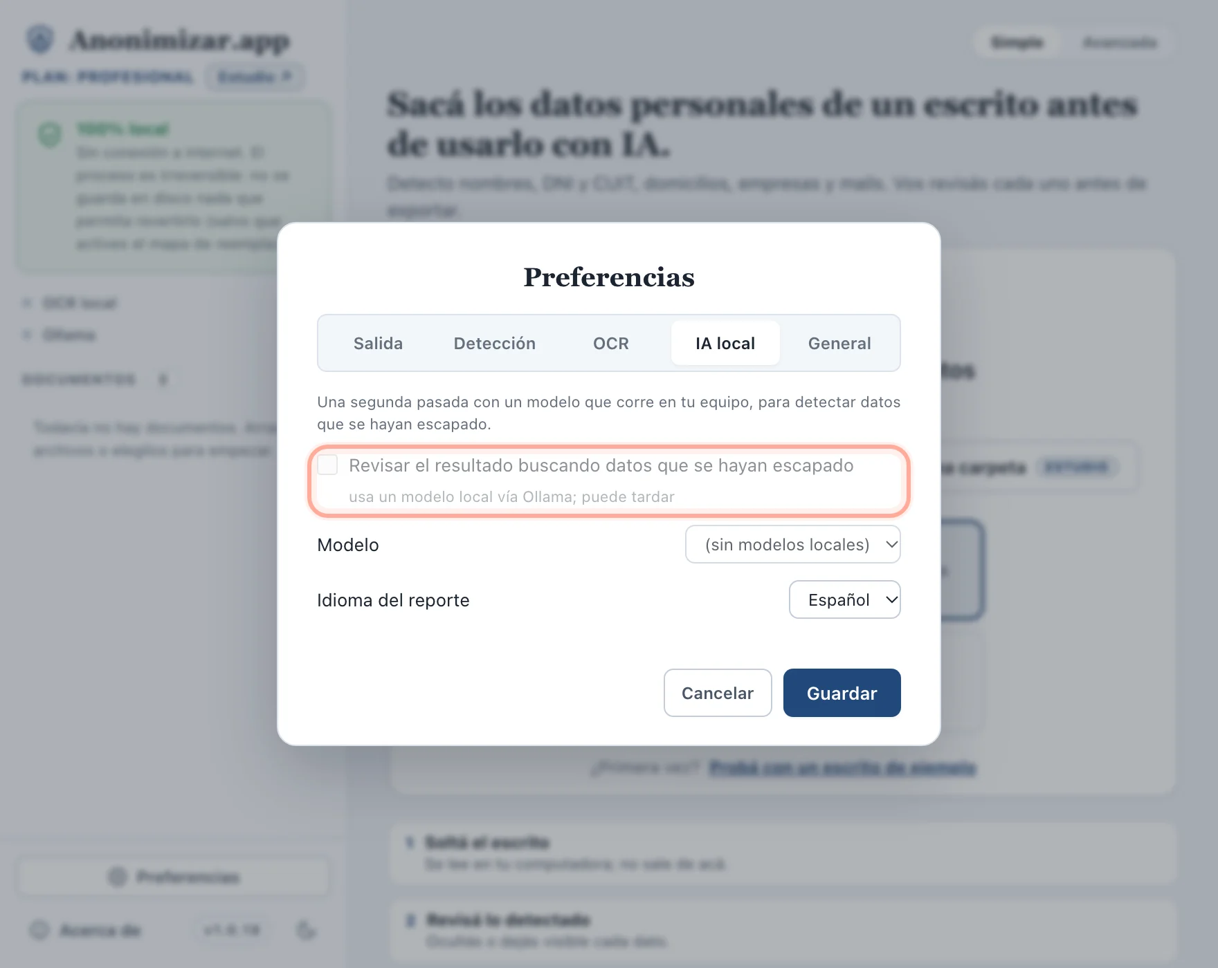 Preferencias, pestaña IA local, con la casilla deshabilitada y sin modelos locales
