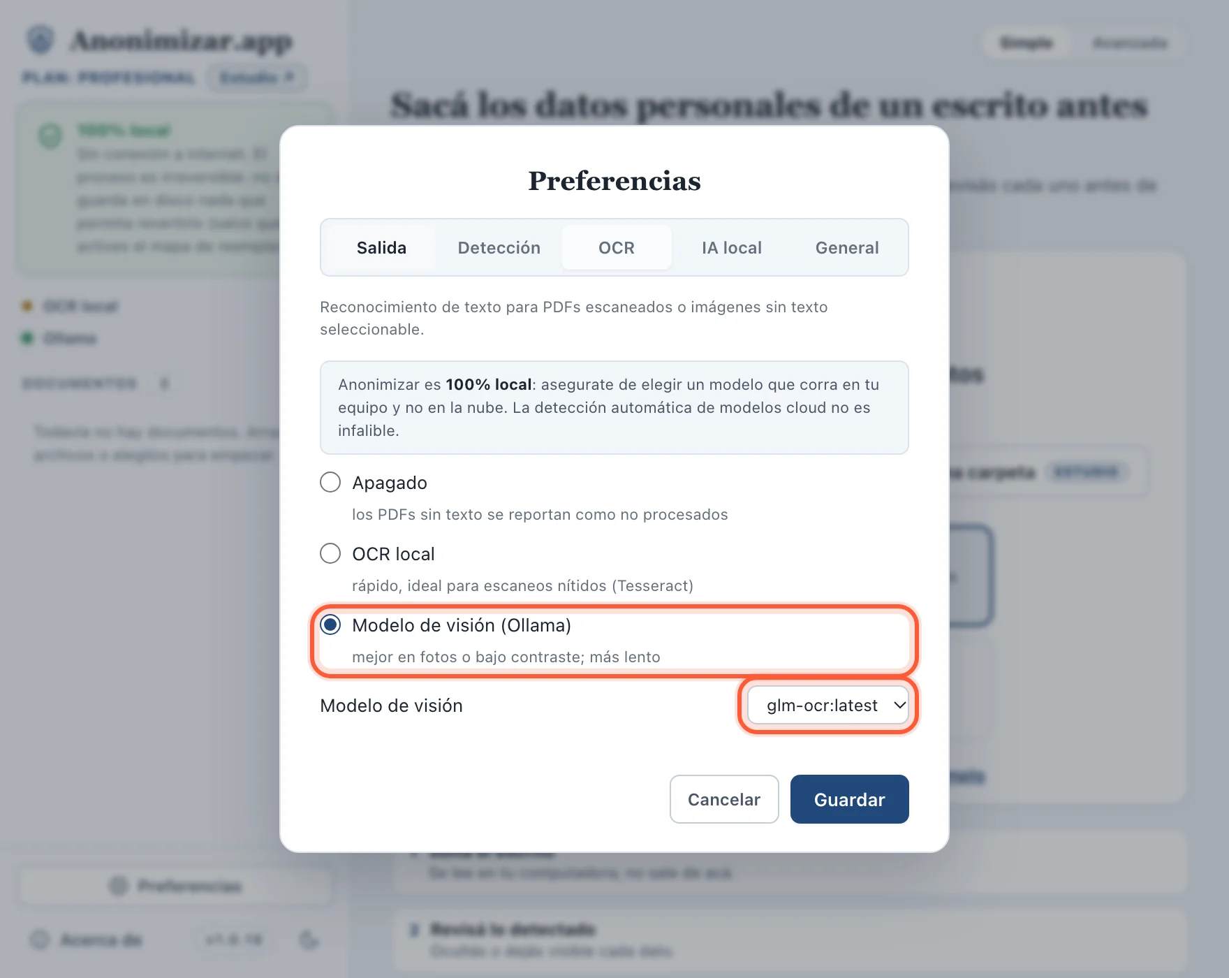 Preferencias, pestaña OCR, con Modelo de visión (Ollama) y glm-ocr:latest elegidos